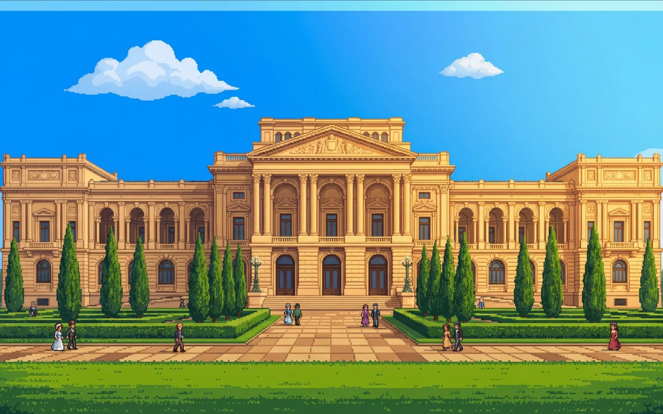 Sede da Guilda em pixel art — palácio clássico ao amanhecer
